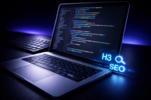 Close-up of a modern silver laptop displaying clean, colourful code in a text editor, with glowing ‘H3’ and ‘SEO’ indicators in electric blue on a dark minimalist desk.