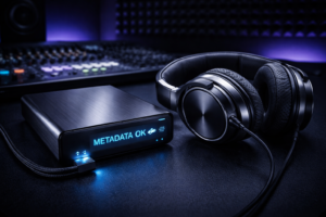 Sleek external SSD with a ‘METADATA OK’ display beside professional over-ear headphones, set against a dark studio with subtle blue and purple lighting and a blurred audio console background.