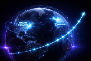 3D glowing global network map with electric blue connection points labeled ‘Brand Scaling’ and ‘Authority,’ alongside an upward-trending graph on a dark background.